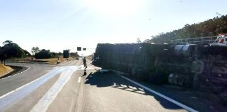 ITATINGA: Carreta tomba e carga de madeira interdita faixa da Castelo Branco